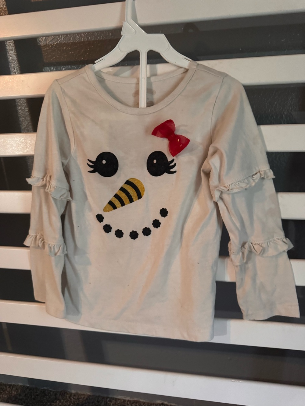 Holiday Time Cream Long Sleeve Snowman Face Top with Red Bow